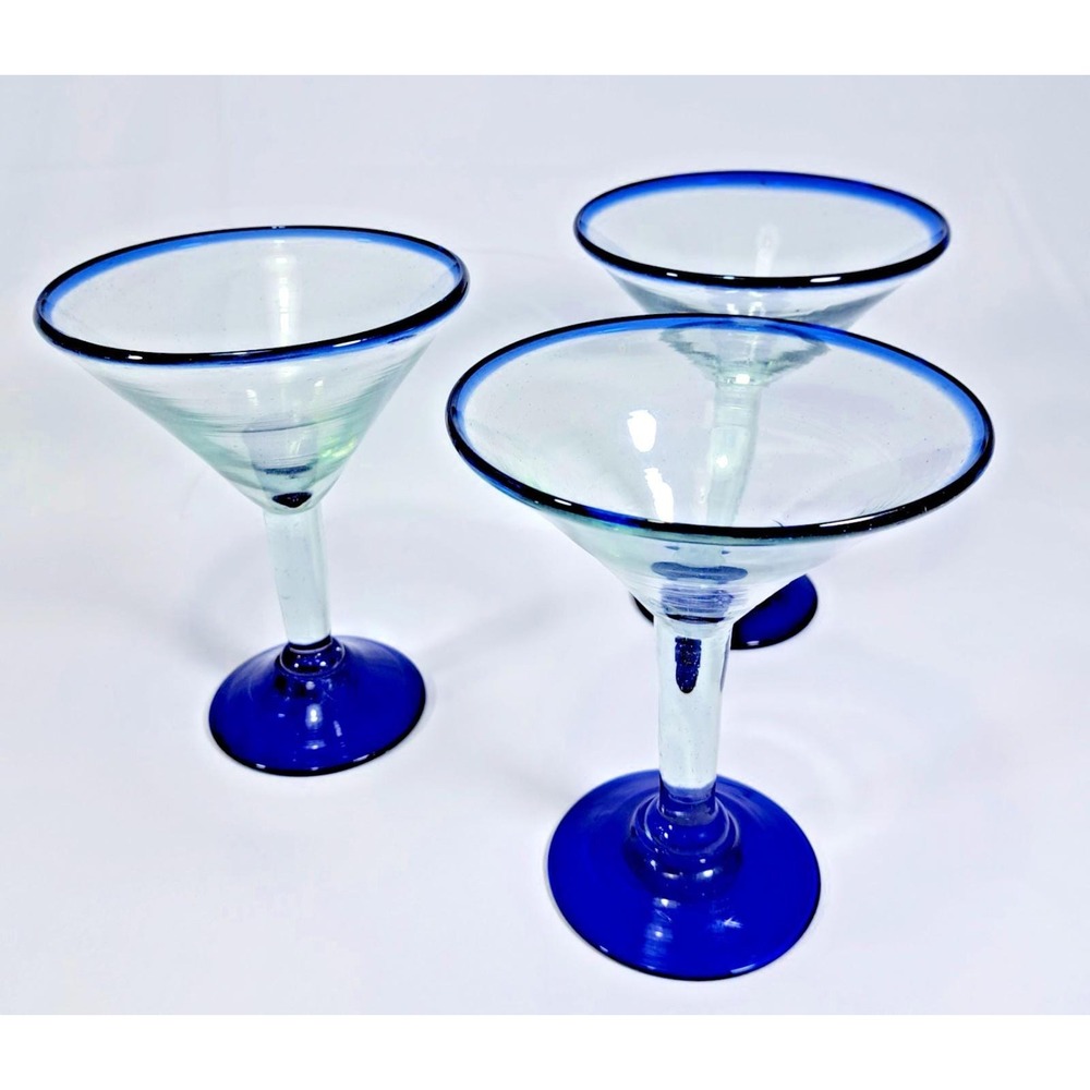 Set of 3 Mexican Hand Blown Martini Glasses Cobalt Blue Rim Seeded Glass